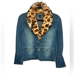 Y2K Berek Denim Faux Cheetah Fur Collar Embellished Jean Jacket Size Small